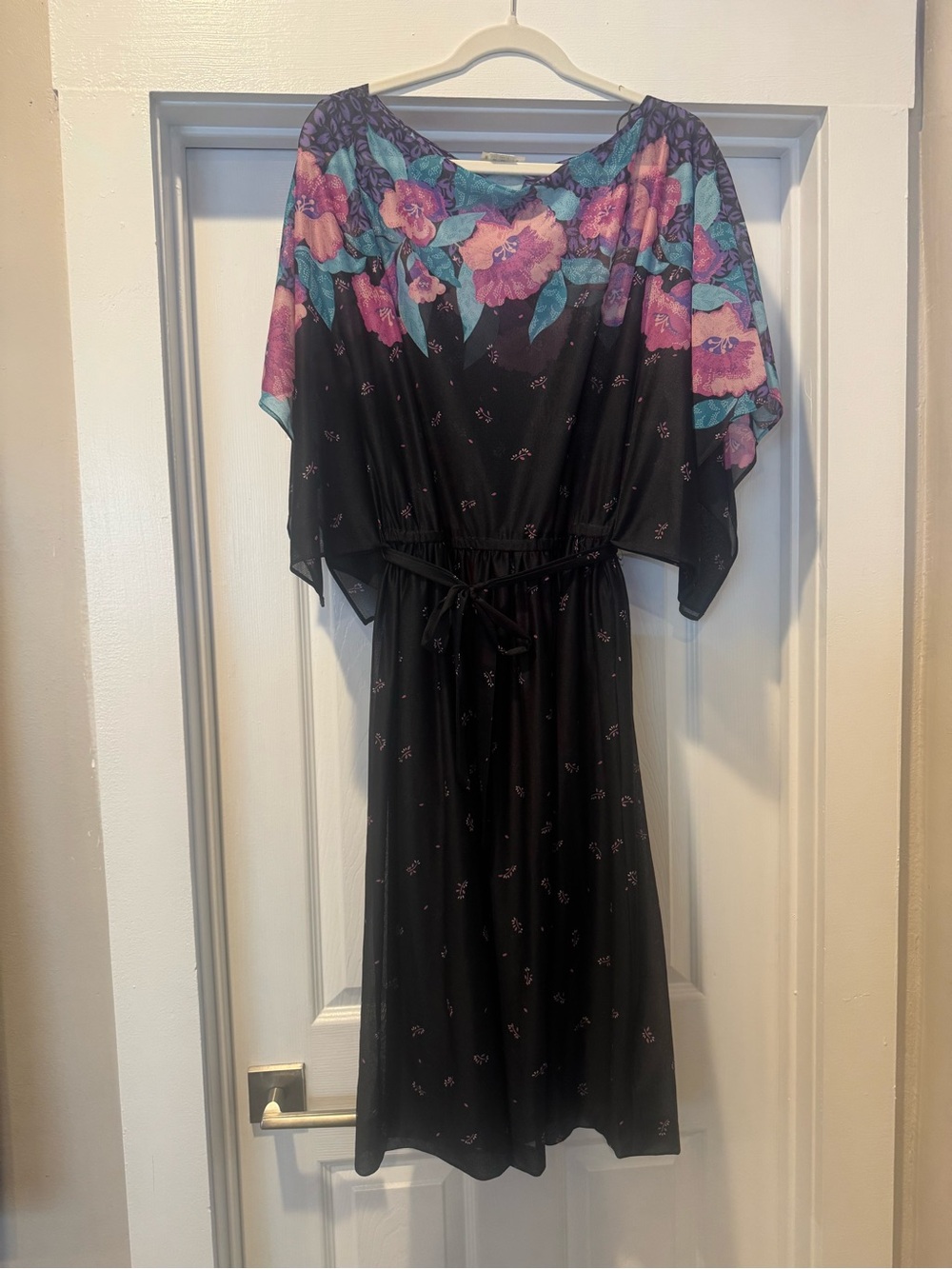 Vintage Pact Black Midi Dress with Pink and Teal Floral Yoke